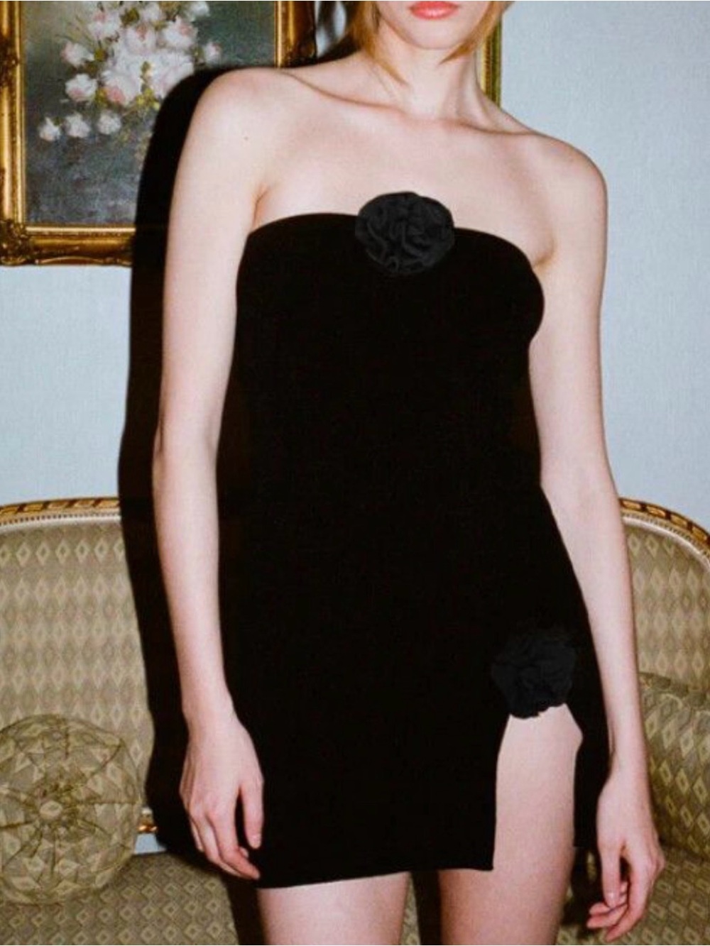 REVOLVE Black Strapless Mini Dress with Rosette Accents